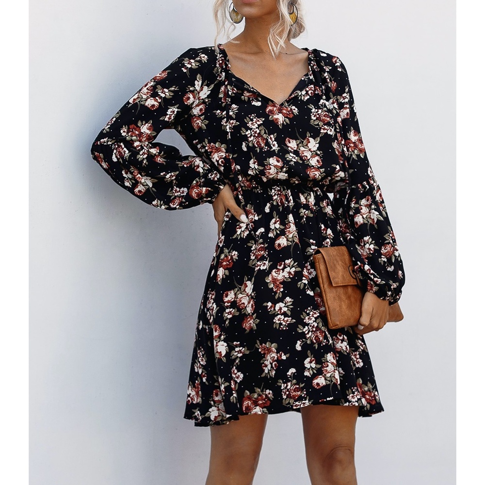 Black Floral Print Long Sleeve Fit & Flare Dress - Picture 5 of 14